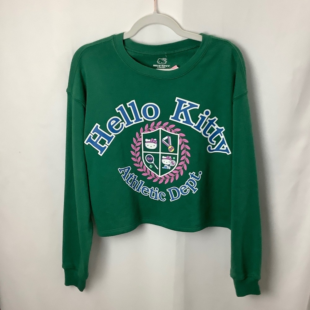 NWT Hello Kitty Athletic Cropped Sweatshirt Green Sanrio Collegiate Pullover M